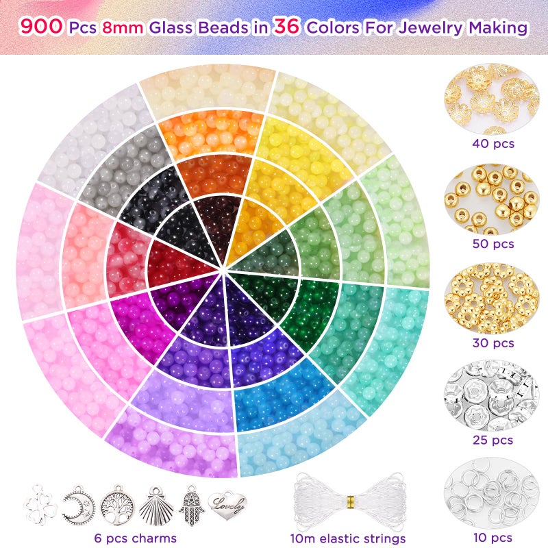 Funtopia 8mm Glass Beads for Bracelets, 36 Colors Crystal Beads for Jewelry Making, 1061pcs Bracelet Making Kit, Round Glass Bead for DIY Earrings Necklace Crafts with Spacer Bead and Charms - Image 3