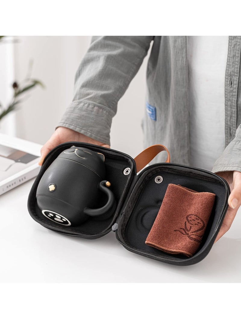 Travel Tea Set, Portable Ceramic Kung Fu Teapot Infuser Set Smiley Cat Shape with 1 Teapot 3 Tea Cups for Outdoor Car Travel Home Gifts and Office (Black)  - Image 2