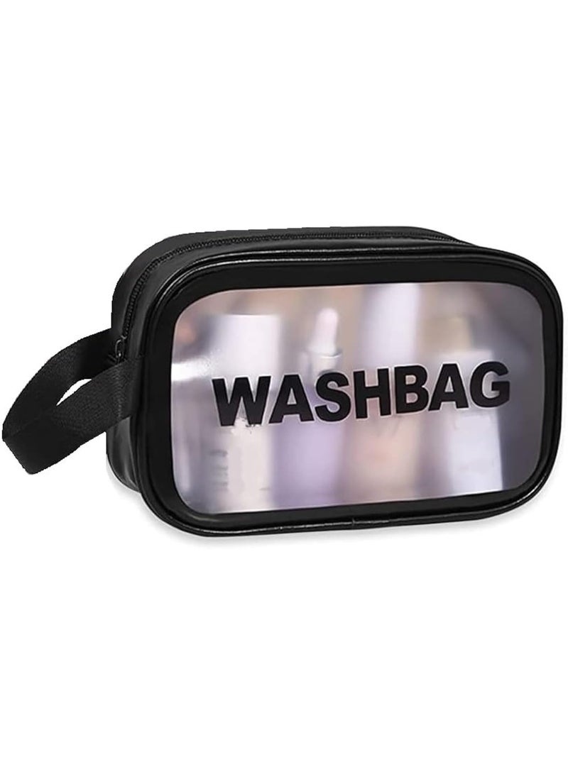 Portable Makeup Bag Clear Travel Cosmetic Bag Toiletry Organizer Wash Bag Waterproof Zipper Cosmetic Bag 24x7x14cm (Black) - Image 1