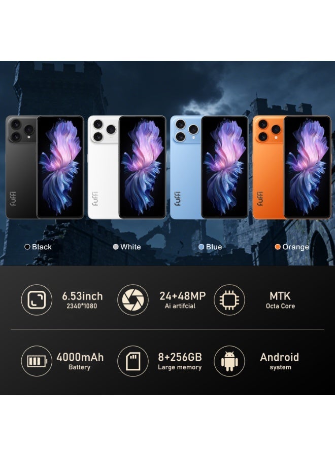  FUFFI هاتف ذكي M17 Pro، شاشة 6.53 بوصة، 8+256 جيجابايت، كاميرا 24+48 ميجابكسل، بطارية 4000 مللي أمبير، هاتف محمول غير مقفل يدعم جوجل بلاي - برتقالي - Image 3