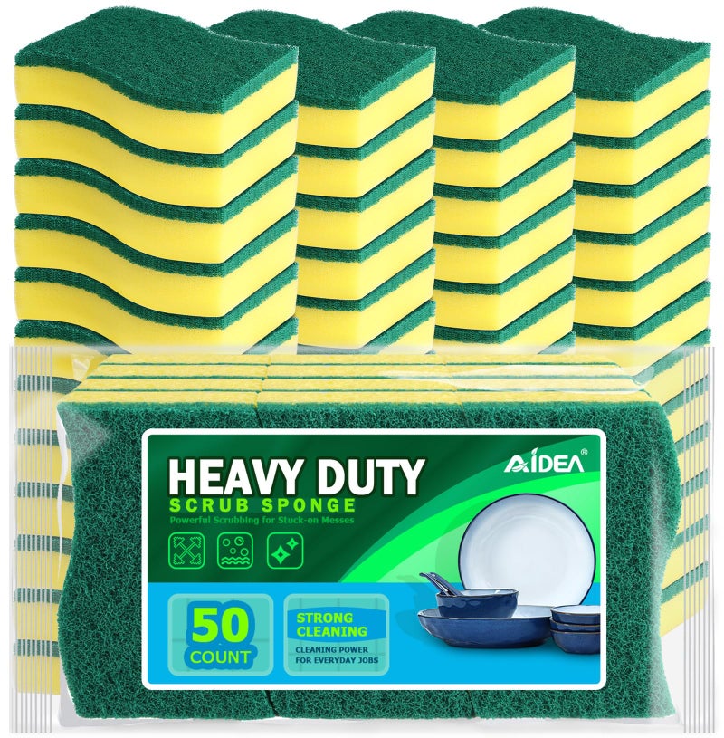 AIDEA Sponges Kitchen, 50 Pack Heavy Duty Dish Sponge, Cleaning Dish Scrubber Sponge for Home and Kitchen, Stink-Free Cleaning Supplies for Pots, Pans - Image 1