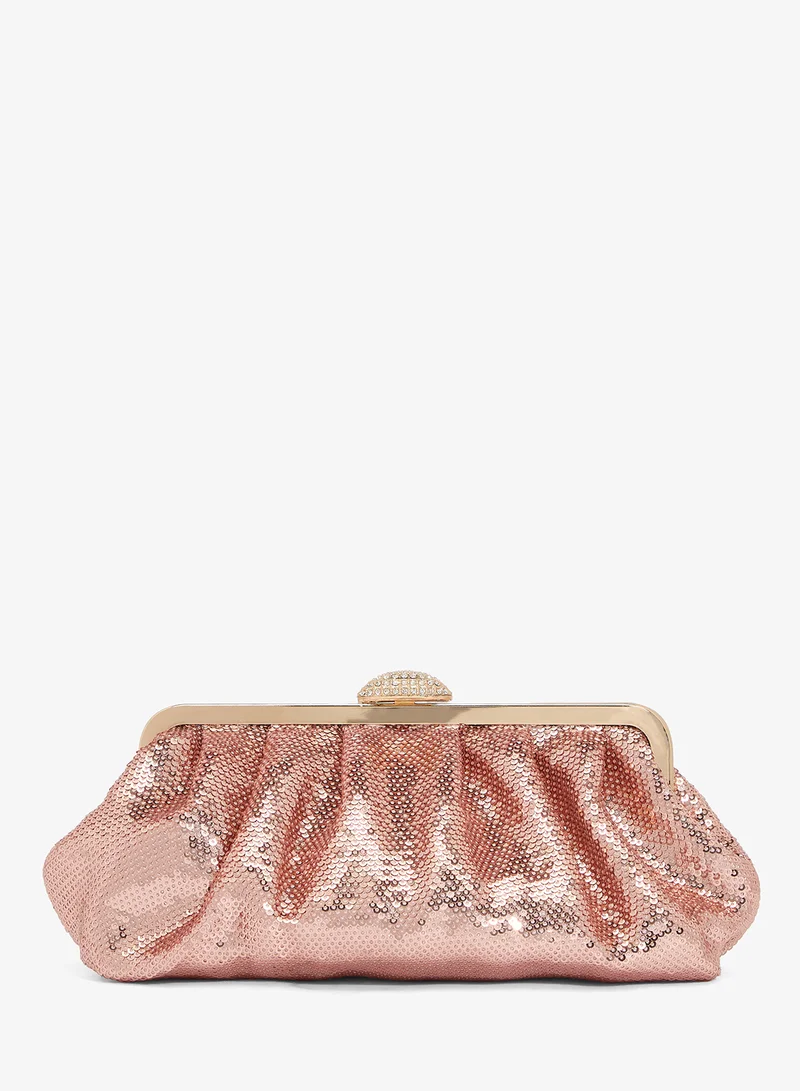 Sequin Detail Embellished Gold Accent Clutch With Strap