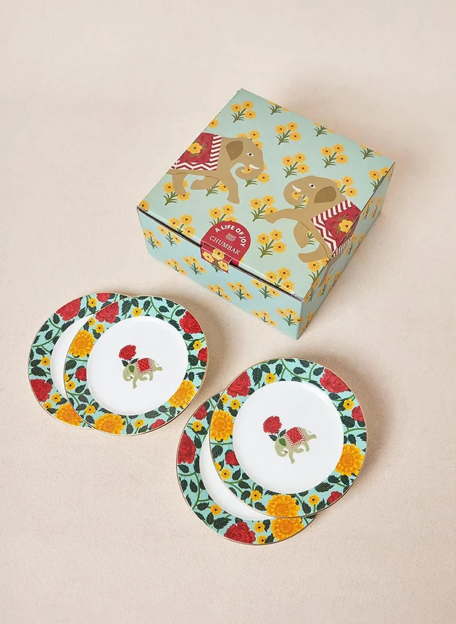 تشومباك Royal Tusker Quarter Plate Gift Set - Set of 4, 8"dia | Palace Memoirs | Gold Rim