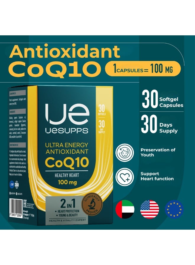 UESUPPS مكمل مضاد الأكسدة UESUPPS CoQ10 100 ملغ | صيغة الطاقة الفائقة مع الإنزيم المساعد Q10 لدعم الطاقة الخلوية والحيوية اليومية | كبسولات لينة عالية الامتصاص | تغذية يومية للبالغين | 30 كبسولة لينة - Image 3