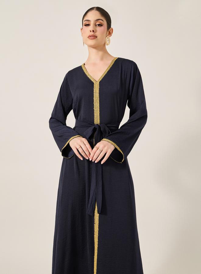 Styli Lace Trim Waist Tie-Up V-Neck Jalabyia - Image 3