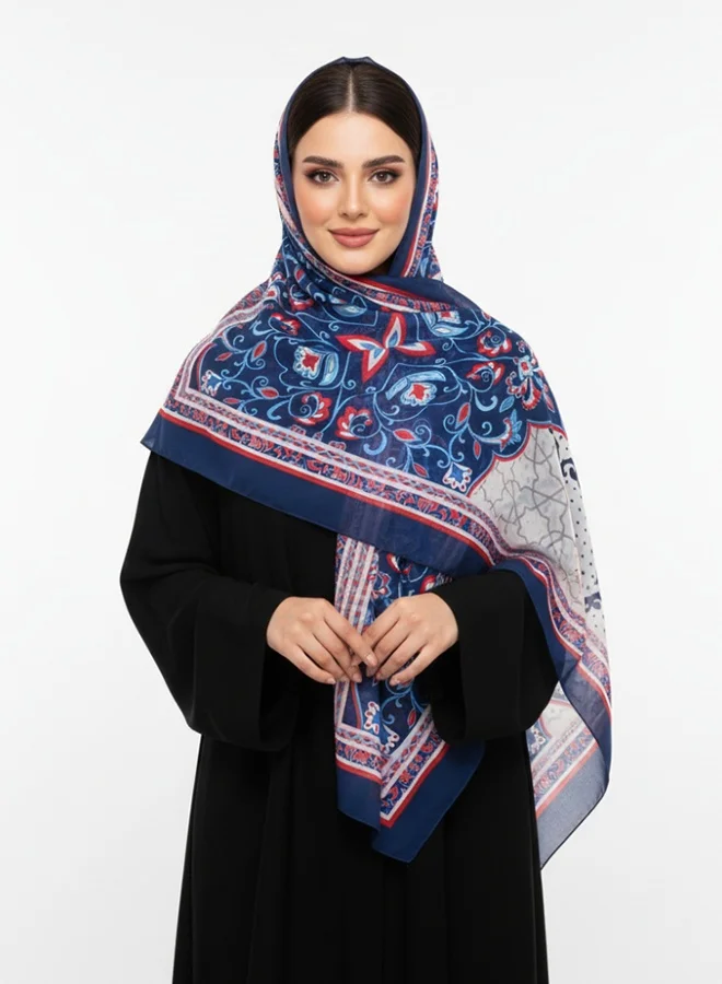 lamha abaya Chiffon Scarf – Blue Mosaic Print with Elegant Red Border