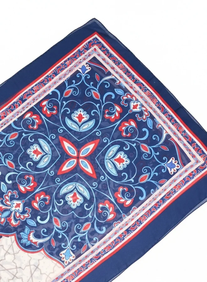lamha abaya Chiffon Scarf – Blue Mosaic Print with Elegant Red Border