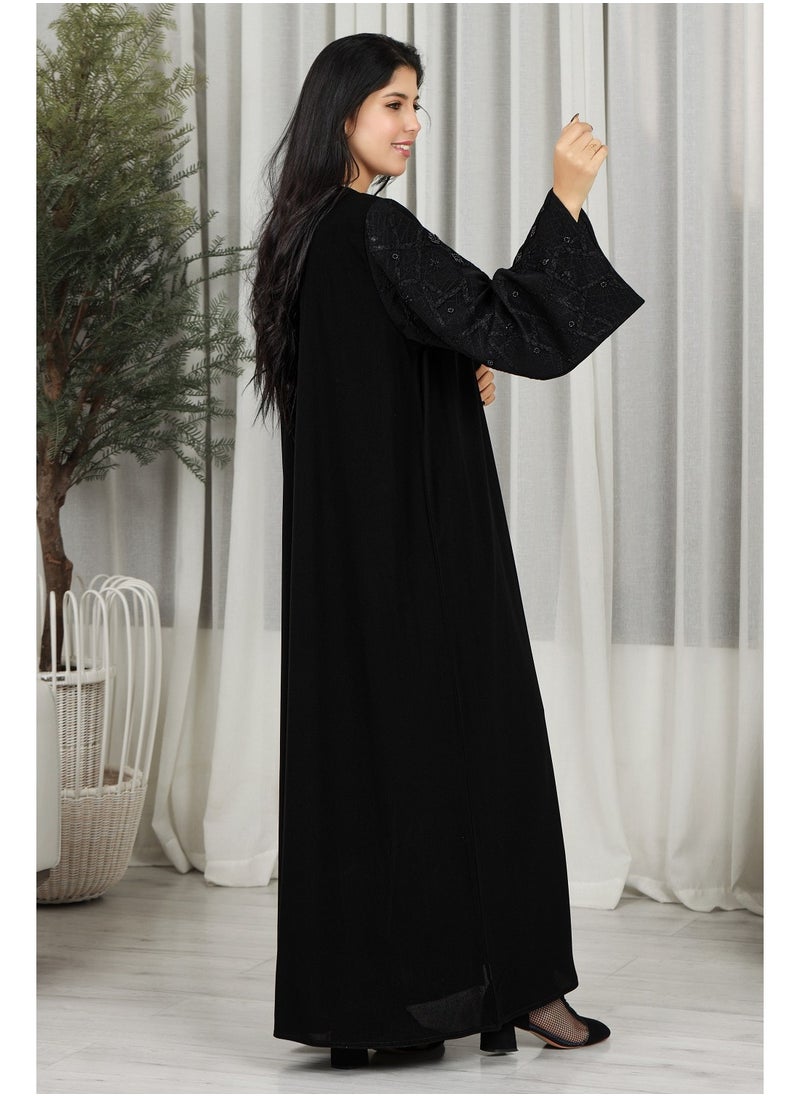 Gaiyda - Black abaya with floral fabric on the sleeves - Image 1