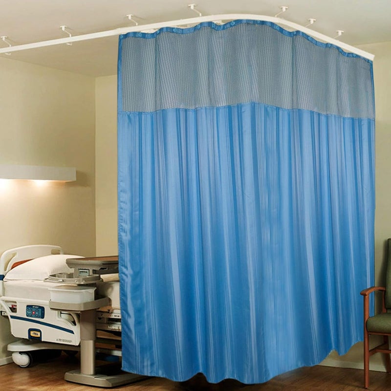 Lushomes Lushomes Hospital Partition Curtains, Clinic Curtains Size 10 FT W x 7 ft H, Top Net Fabric, 100% Polyester 20 Rustfree Metal Eyelets 20 Plastic Hook, Dark Blue, Stripes (10x7 FT, Pk of 1)  - Image 1