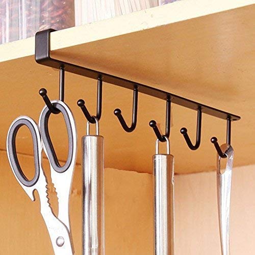 PRAMUKH STORE Metal Multifunction Under Shelf Coffee Mug Cup Holder Rack Organizer Stand for Kitchen Counter Cabinet Table with 6 Hooks - Image 1