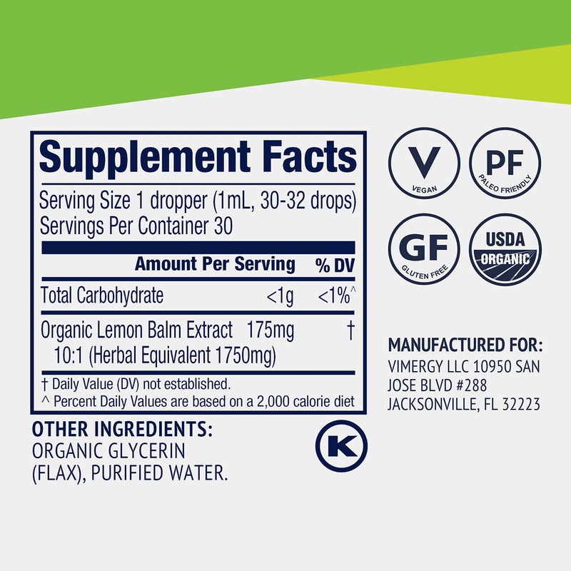 Vimergy USDA Organic Lemon Balm Extract, 115 Servings – Supports Calm and Relaxed Feeling– Relief from Occasional Nervous Tension – Alcohol-Free – Gluten Free, Non-GMO, Kosher, Vegan & Paleo (115 ml) - Image 4