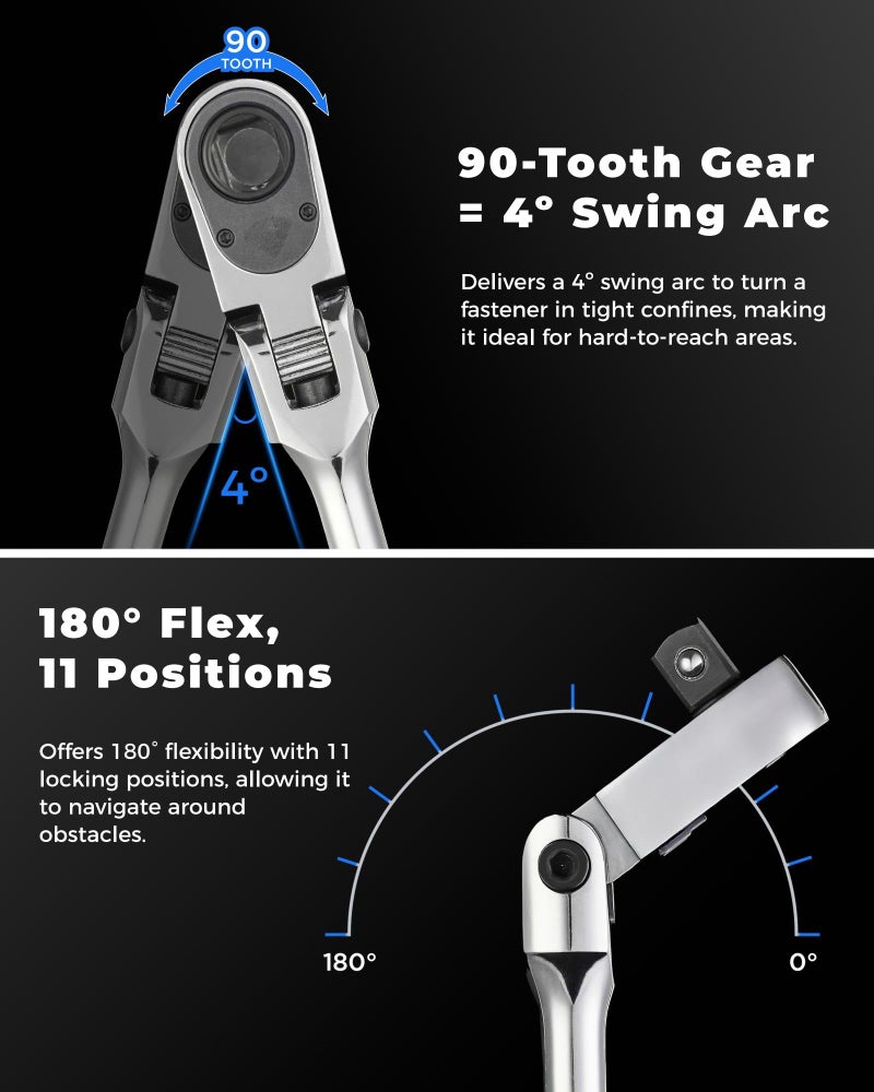 toolant 4Pcs Flex Head Ratchet Set, 1/4â€œ&3/8"&1/2" Drive Gear Wrench Compact Head Ratchet Wrenches, 90-Tooth Gear, 180Â° Flex, 11 Positions, Longer Handle, 1.5X ASME Durability - Image 4
