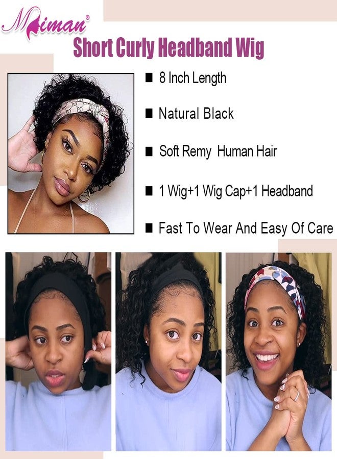 MIMAN 8 Inch Short Curly Headband Wigs for Black Women Human Hair Glueless None Lace Front Wig Natural Black Pixie Cut Curly Bob Wigs With Headbands Attached 150% Density - Image 2