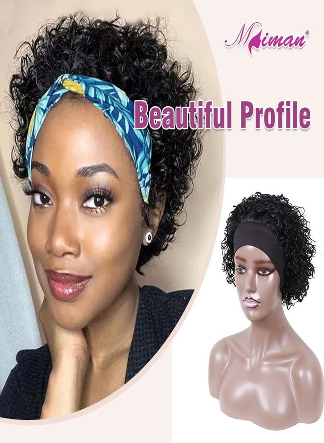 MIMAN 8 Inch Short Curly Headband Wigs for Black Women Human Hair Glueless None Lace Front Wig Natural Black Pixie Cut Curly Bob Wigs With Headbands Attached 150% Density - Image 3