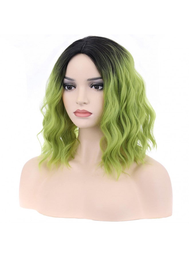 BERON Ombre Green Short Wigs Curly Bob Wig Ombre Color Wavy Hair Wigs Middle Part Women's Synthetic Wigs Daily Party Use - Image 2