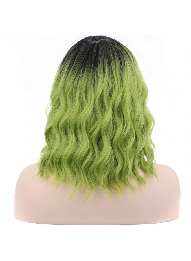 BERON Ombre Green Short Wigs Curly Bob Wig Ombre Color Wavy Hair Wigs Middle Part Women's Synthetic Wigs Daily Party Use - Image 4