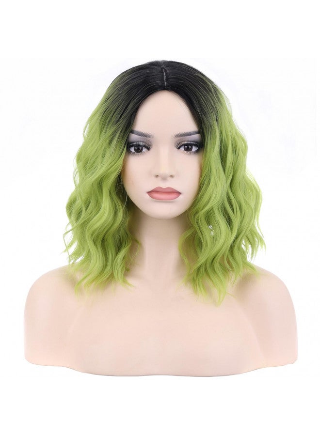 BERON Ombre Green Short Wigs Curly Bob Wig Ombre Color Wavy Hair Wigs Middle Part Women's Synthetic Wigs Daily Party Use - Image 1