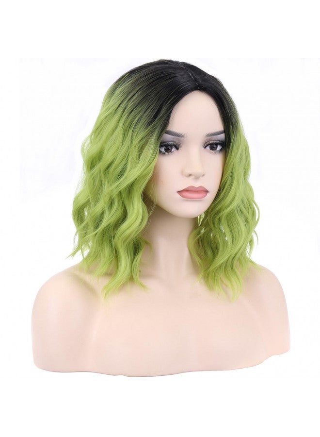 BERON Ombre Green Short Wigs Curly Bob Wig Ombre Color Wavy Hair Wigs Middle Part Women's Synthetic Wigs Daily Party Use - Image 3