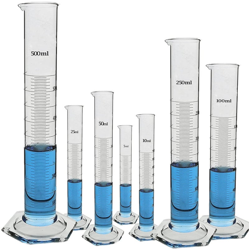 SPYLX Borosilicate 33 Glass Measuring Cylinder 5 ml 10 ml 25 ml 50 ml 100 ml 250 ml 500 ml with Graduation Marks Set of 7 Measuring Cylinders - Image 1