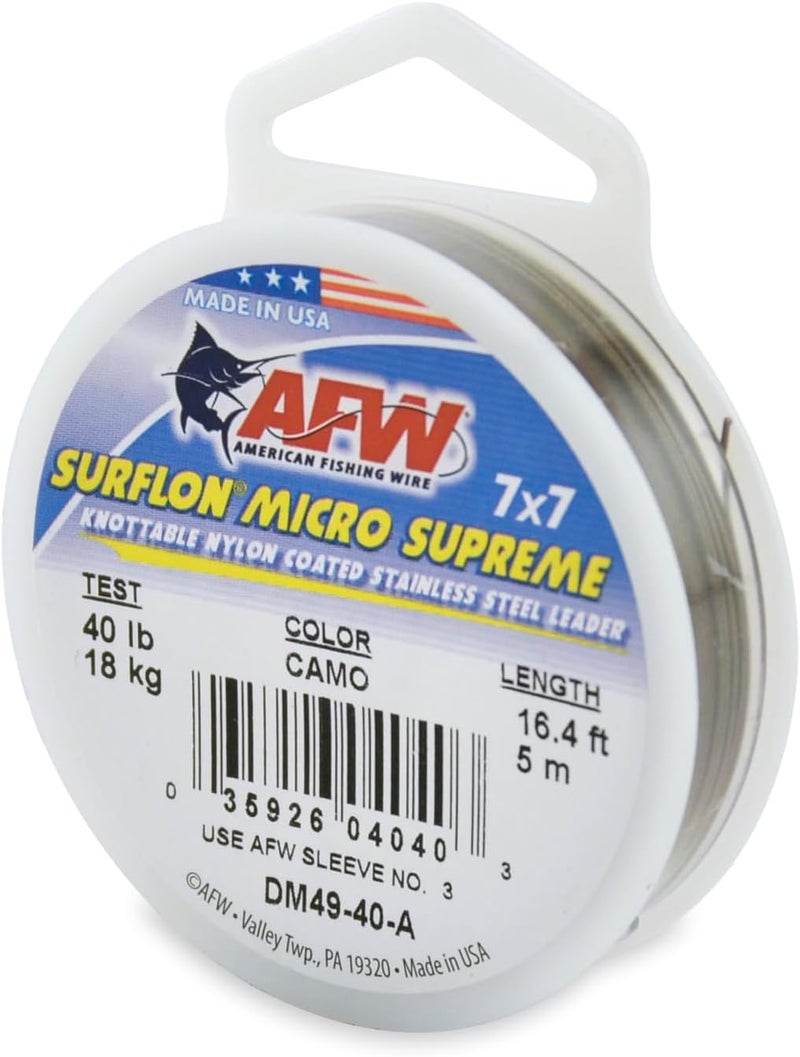American Fishing Wire Surflon Micro Supreme 7x7 Stainless Steel Leader Wire - 40 lb Test, Camo, 16.4 ft - Image 1
