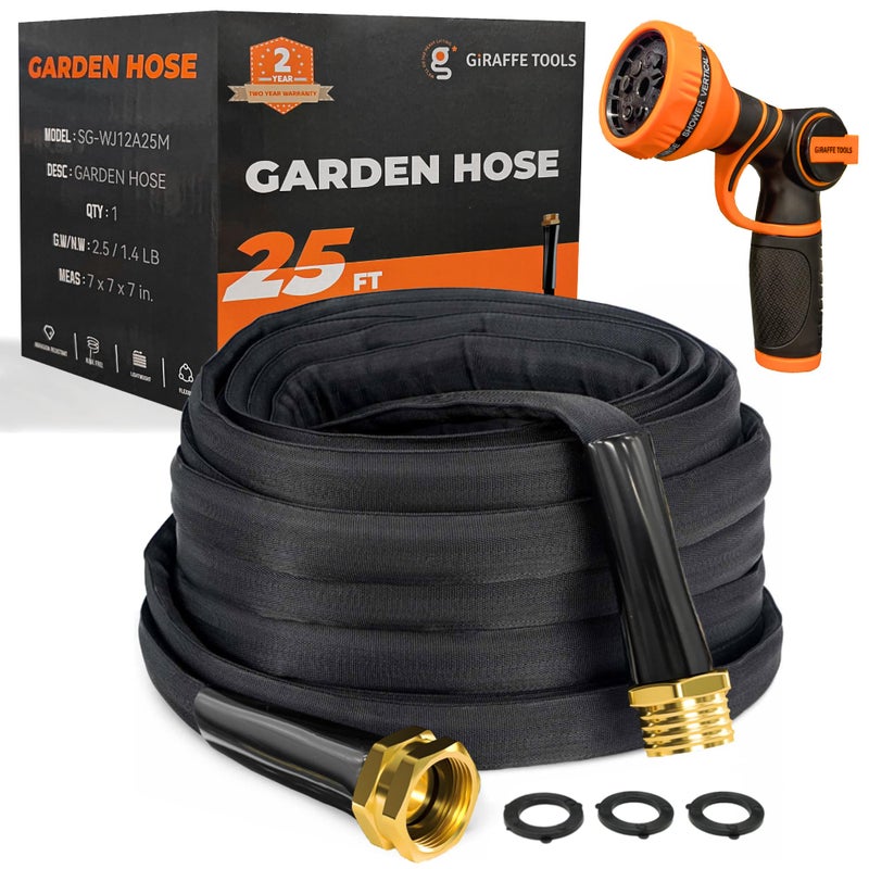 Giraffe Tools Garden Hose 25FT Lightweight Lay Flat Water Hose Kink Free Flexible Hose with 9 Spray Function Nozzleï¼ˆBlackï¼‰ - Image 1