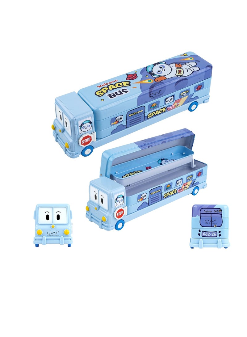 Space School Bus Shaped Pencil Box for Kids with Wheels and Sharpener Metal  Space Design Multicolor - Image 1