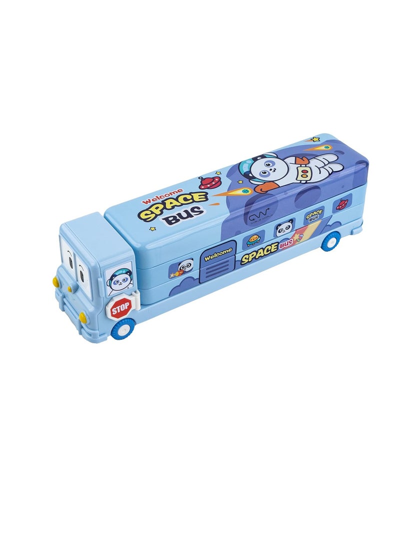 Space School Bus Shaped Pencil Box for Kids with Wheels and Sharpener Metal  Space Design Multicolor - Image 2