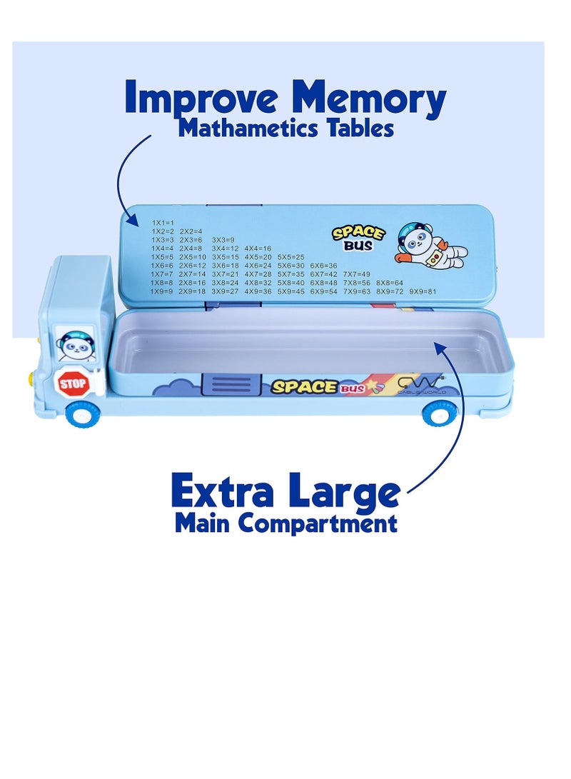 Space School Bus Shaped Pencil Box for Kids with Wheels and Sharpener Metal  Space Design Multicolor - Image 3