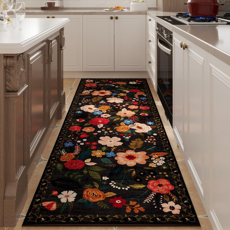Rugcomf Runner Rug for Hallways Kitchen Rug Non Slip 2x 6 Washable Runner Rugs with Rubber Backing Soft Floral Carpet Runner for Hallways Kitchen Laundry Bedroom BathroomBlack