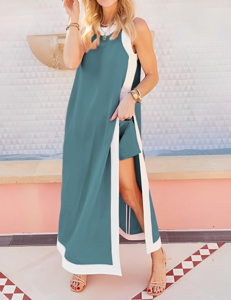 Hooever Women's 2 Piece Sets Boho Color Block Sleeveless Maxi Dress Matching Shorts with Pockets(Teal-XL) - Image 2