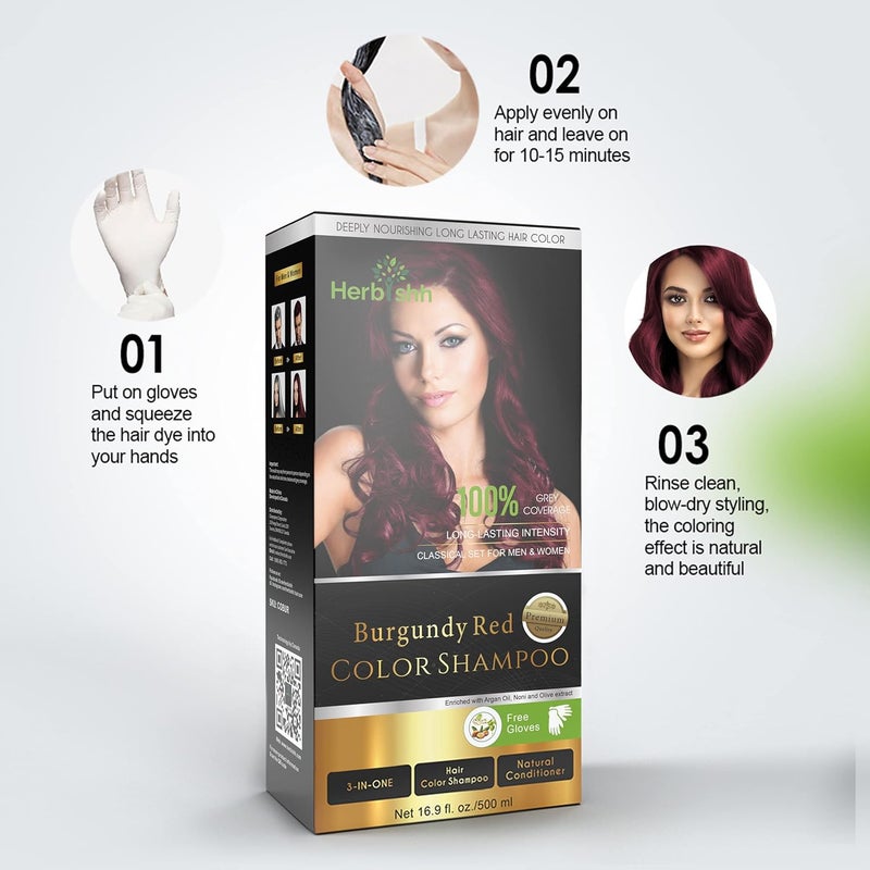 Herbishh Burgundy 3-In-1 Hair Color Shampoo for Gray Hair Magic Hair Dye Shampoo Colors Hair in MinutesLong Lasting500 MlAmmonia-Free - Image 5