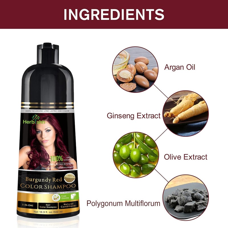 Herbishh Burgundy 3-In-1 Hair Color Shampoo for Gray Hair Magic Hair Dye Shampoo Colors Hair in MinutesLong Lasting500 MlAmmonia-Free - Image 4