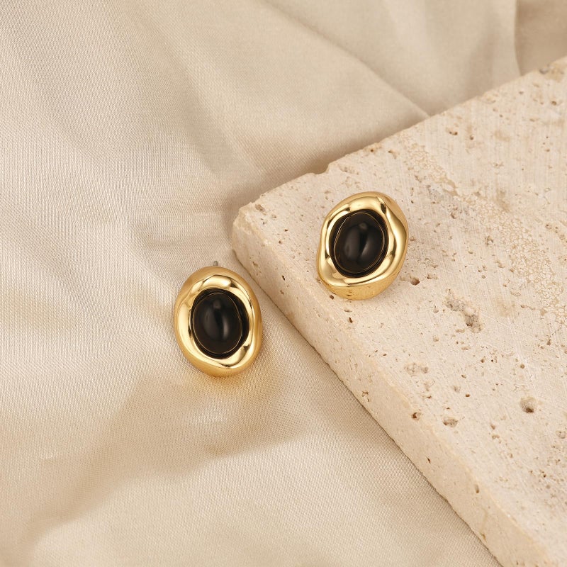 Dckazz Black and Gold Earrings for Women Black Stone Oval Stud Chunky Statement Earrings Trendy 14K Gold Plated - Image 4