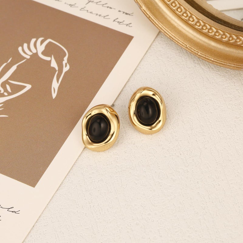Dckazz Black and Gold Earrings for Women Black Stone Oval Stud Chunky Statement Earrings Trendy 14K Gold Plated - Image 5