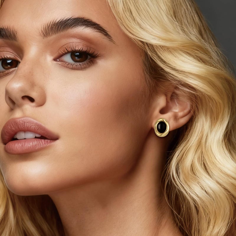 Dckazz Black and Gold Earrings for Women Black Stone Oval Stud Chunky Statement Earrings Trendy 14K Gold Plated - Image 3