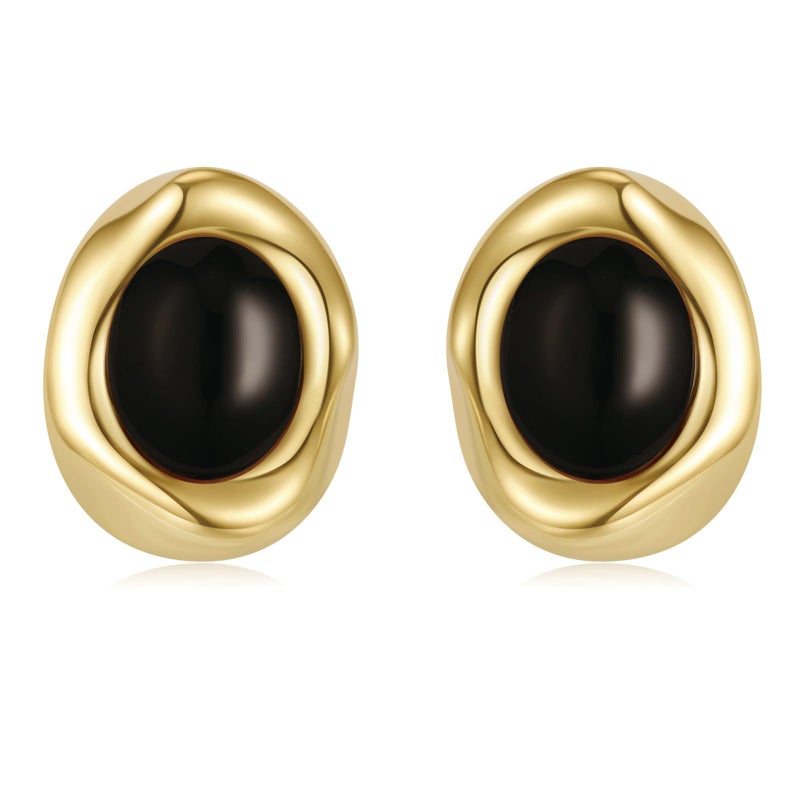 Dckazz Black and Gold Earrings for Women Black Stone Oval Stud Chunky Statement Earrings Trendy 14K Gold Plated - Image 1