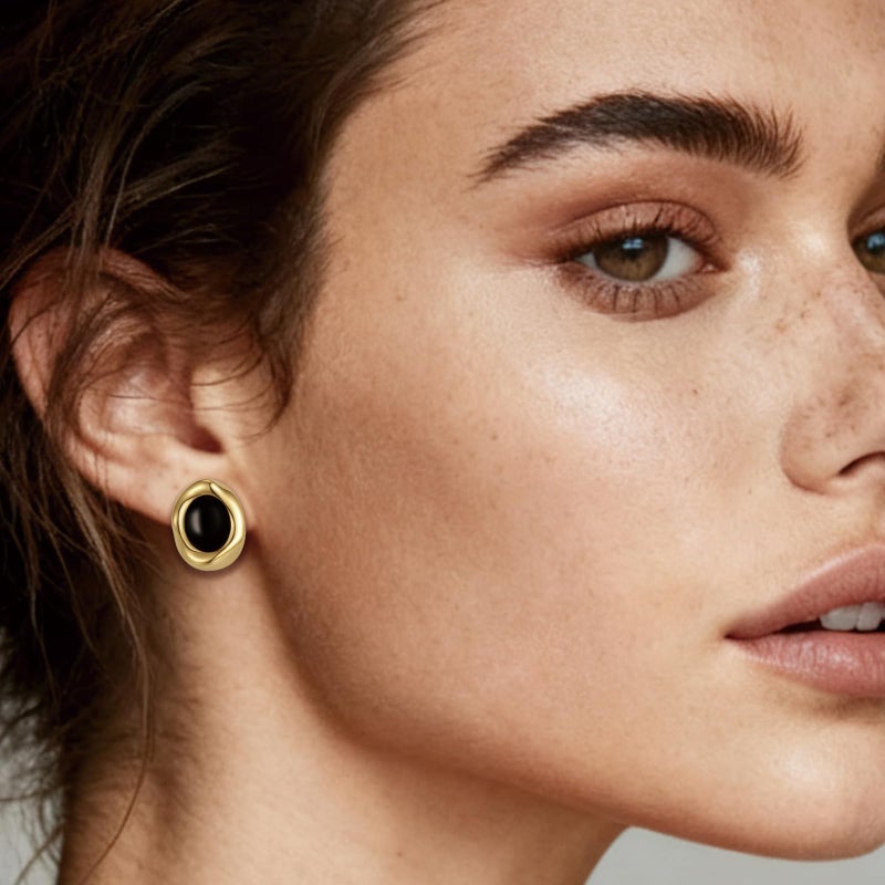 Dckazz Black and Gold Earrings for Women Black Stone Oval Stud Chunky Statement Earrings Trendy 14K Gold Plated - Image 2