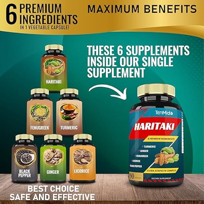 Tenmido Haritaki Supplements Extract Capsules with Turmeric, Ginger, Fenugreek, Licorice, Black Pepper | Nourishes, Rejuvenates Body, 3 Months Supply - Image 2