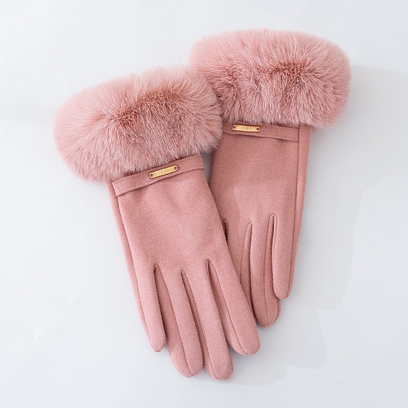 Winter Womens fleece-lined thick cute windproof plush de Velvet rabbit fur gloves riding driving warm touch screen S014 sakura pink--little gold label 