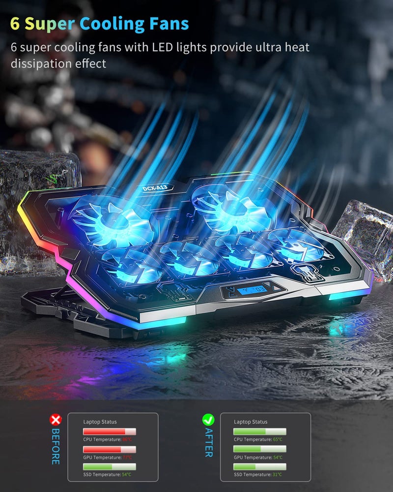 KeiBn Upgrade Laptop Cooling Pad A13,RGB Lights Laptop Cooler 6 Fans for up to 15.6 Inch Laptops,10 Modes Light, 7 Height Stands, 2 USB Ports - Blue - Image 2