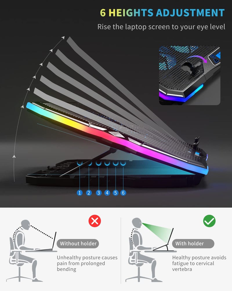 KeiBn Upgrade Laptop Cooling Pad A13,RGB Lights Laptop Cooler 6 Fans for up to 15.6 Inch Laptops,10 Modes Light, 7 Height Stands, 2 USB Ports - Blue - Image 5