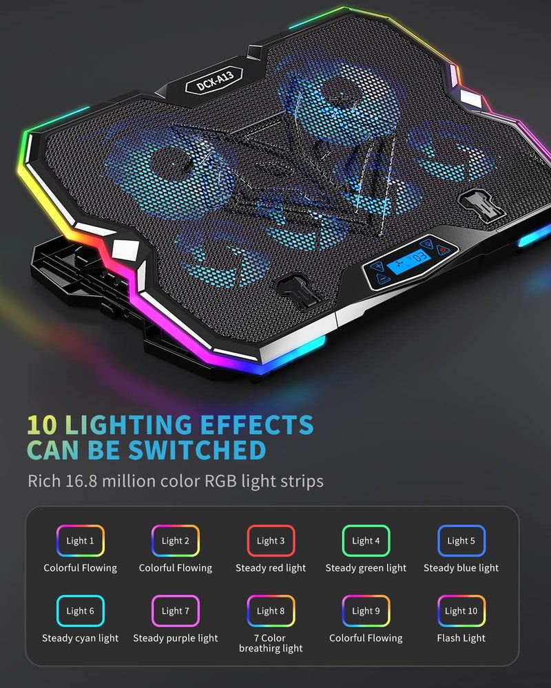 KeiBn Upgrade Laptop Cooling Pad A13,RGB Lights Laptop Cooler 6 Fans for up to 15.6 Inch Laptops,10 Modes Light, 7 Height Stands, 2 USB Ports - Blue - Image 3