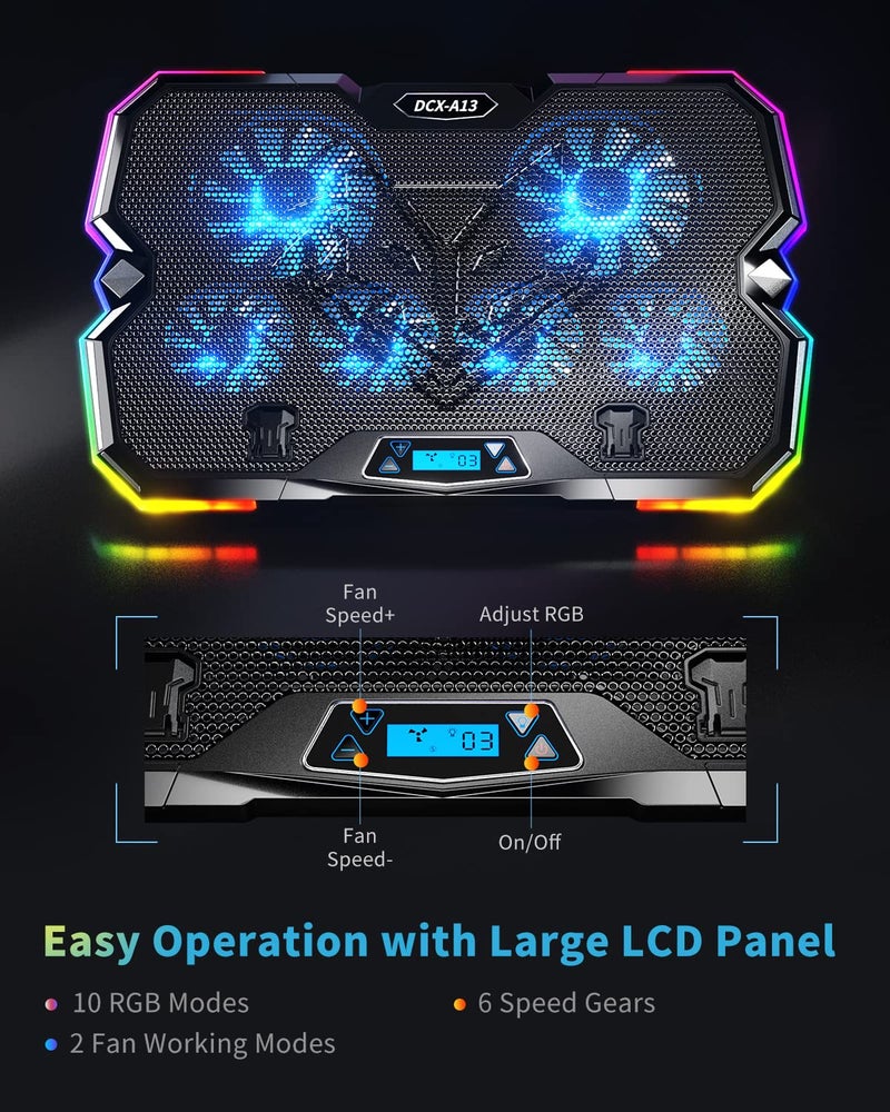 KeiBn Upgrade Laptop Cooling Pad A13,RGB Lights Laptop Cooler 6 Fans for up to 15.6 Inch Laptops,10 Modes Light, 7 Height Stands, 2 USB Ports - Blue - Image 4