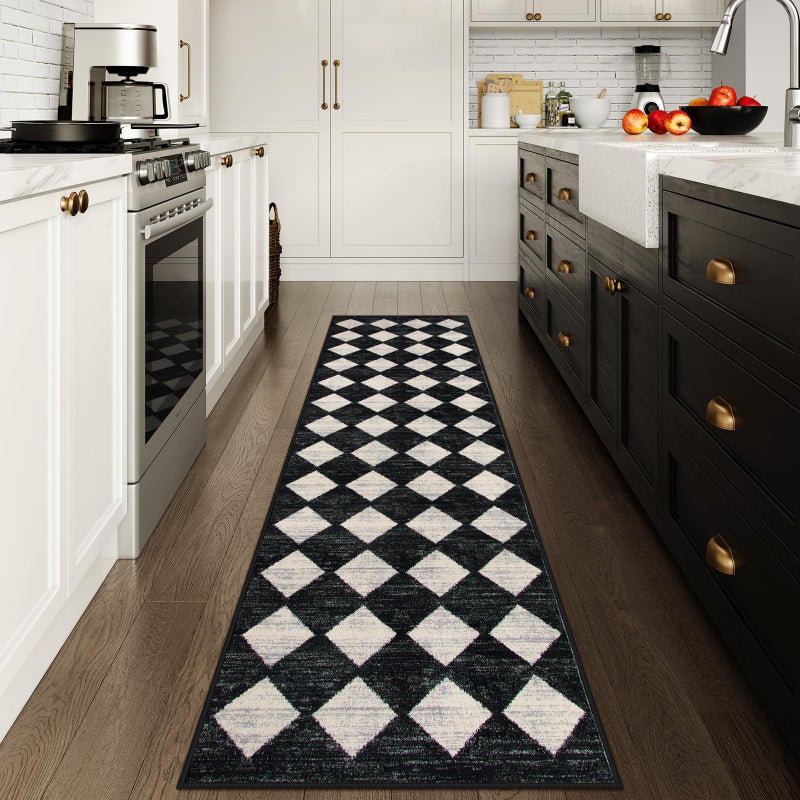 Lahome Checkered Washable Rug Runners for Hallways Non Slip2x10 Black Kitchen Bathroom Runner RugTrellis Low Pile Indoor Carpet Runner for Bedroom Entryway Foyer2x10Black