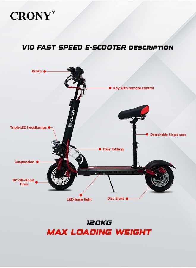 Crony - V10 Fast Speed E-Scooter 1200w Motor 48v/12ah,10"Off-Road Wide Tires,Dual Suspension/Hydraulic Disc Brakes E-Bike, Triple Led Headlamps, All-Terrain, Easy Foldable, Portable Commuter Electric Scooter For Adults & Kids, 120kg Load Skateboard Aluminum Frame, Urban Mobility，Red - Image 1