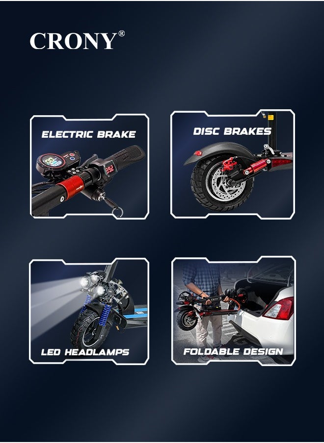 Crony - V10 Fast Speed E-Scooter 1200w Motor 48v/12ah,10"Off-Road Wide Tires,Dual Suspension/Hydraulic Disc Brakes E-Bike, Triple Led Headlamps, All-Terrain, Easy Foldable, Portable Commuter Electric Scooter For Adults & Kids, 120kg Load Skateboard Aluminum Frame, Urban Mobility，Red - Image 1