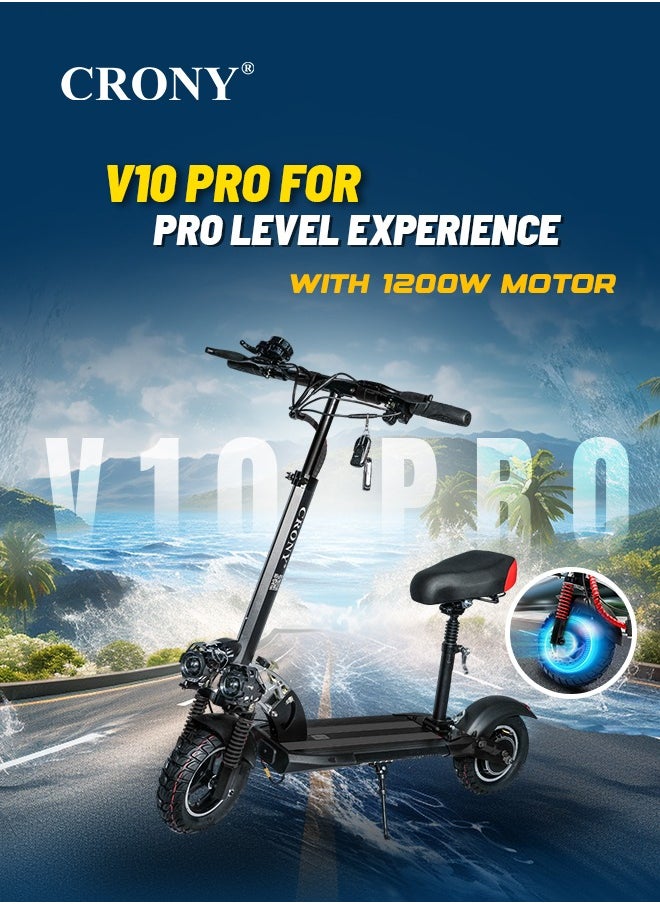 Crony - V10 Fast Speed E-Scooter 1200w Motor 48v/12ah,10"Off-Road Wide Tires,Dual Suspension/Hydraulic Disc Brakes E-Bike, Triple Led Headlamps, All-Terrain, Easy Foldable, Portable Commuter Electric Scooter For Adults & Kids, 120kg Load Skateboard Aluminum Frame, Urban Mobility，Red - Image 1
