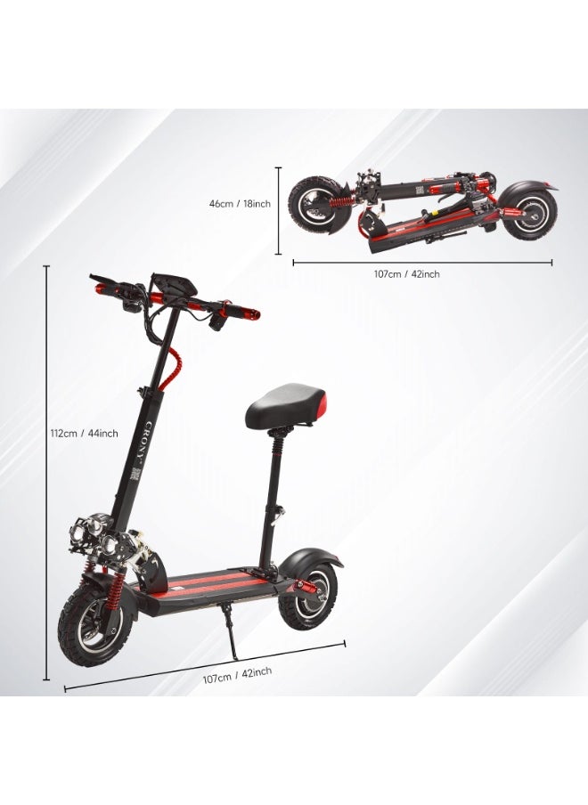 Crony - V10 Fast Speed E-Scooter 1200w Motor 48v/12ah,10"Off-Road Wide Tires,Dual Suspension/Hydraulic Disc Brakes E-Bike, Triple Led Headlamps, All-Terrain, Easy Foldable, Portable Commuter Electric Scooter For Adults & Kids, 120kg Load Skateboard Aluminum Frame, Urban Mobility，Red - Image 1