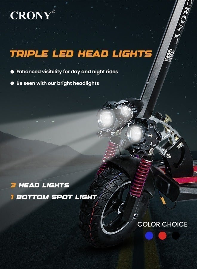 كروني سكوتر كهربائي V10 بشاشة LED كبيرة، محرك 1200 واط، 48 فولت/12 أمبير/ساعة، إطارات عريضة 10 بوصات للطرق الوعرة، نظام تعليق مزدوج/فرامل قرص هيدروليكية، مصابيح أمامية ثلاثية LED، مناسب لجميع التضاريس، سهل الطي، سكوتر كهربائي محمول للبالغين والأطفال، لوح تزلج بهيكل من الألومنيوم، سرعة عالية للتنقل في المناطق الحضرية، لون أحمر - Image 3