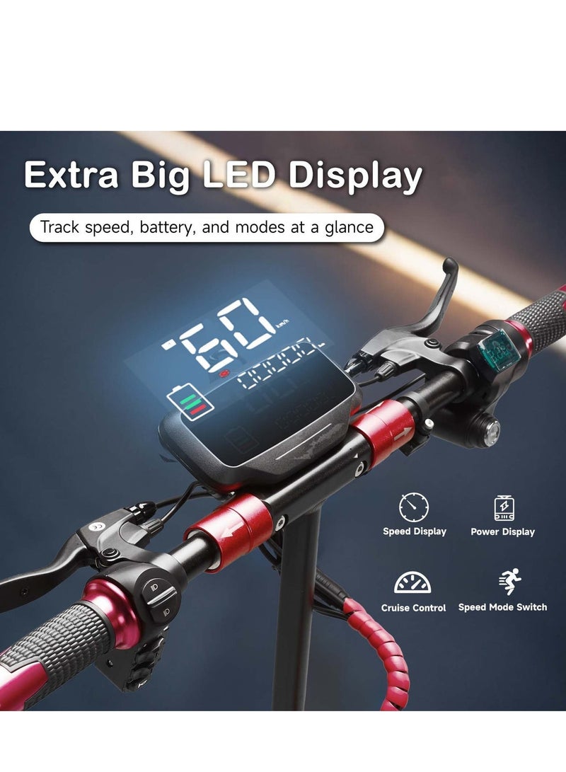 كروني سكوتر كهربائي V10 بشاشة LED كبيرة، محرك 1200 واط، 48 فولت/12 أمبير/ساعة، إطارات عريضة 10 بوصات للطرق الوعرة، نظام تعليق مزدوج/فرامل قرص هيدروليكية، مصابيح أمامية ثلاثية LED، مناسب لجميع التضاريس، سهل الطي، سكوتر كهربائي محمول للبالغين والأطفال، لوح تزلج بهيكل من الألومنيوم، سرعة عالية للتنقل في المناطق الحضرية، لون أحمر - Image 4